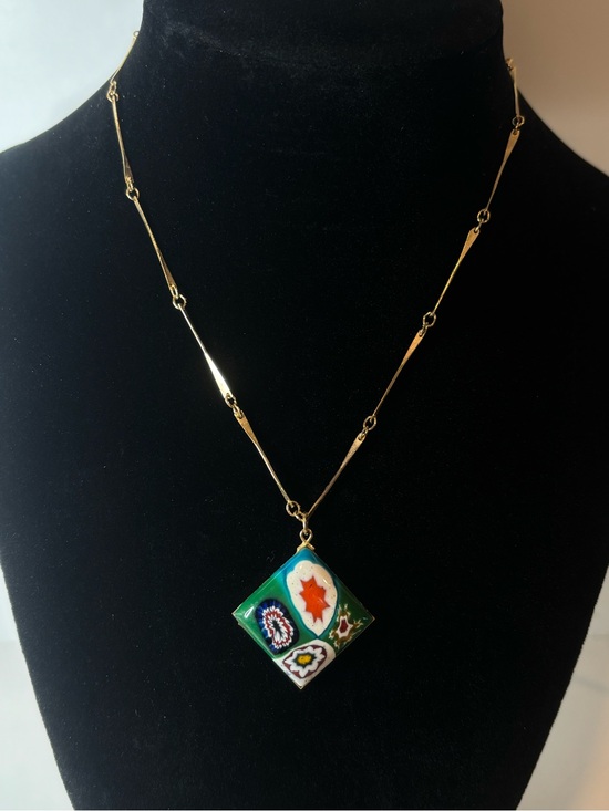 Jewelry - Vintage Millefiori Glass Pendant Necklace Gold Tone Choker Italian Style 14”